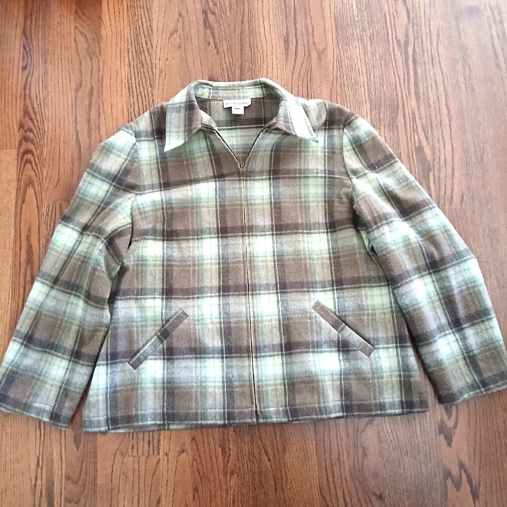 Evan Picone 18 Vintage Brown Green Cream Plaid Wool Blend Zip Jacket  Shacket